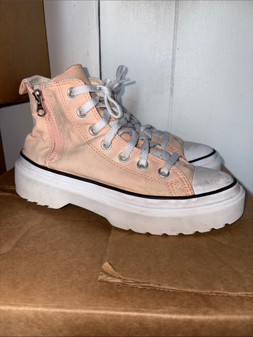 Womens Peach Canvas Platform High-Top Sneakers